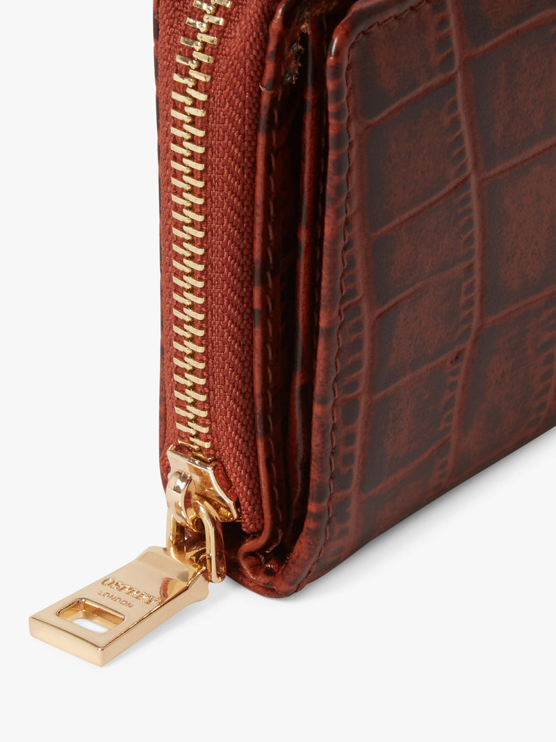 Osprey London Carla zipped purse chocolate croc leather, imported from the UK