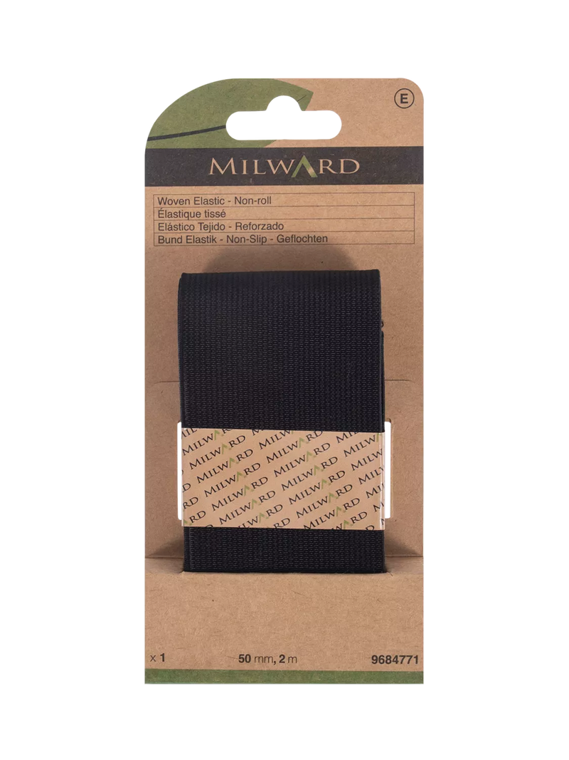 Milward non-roll woven elastic black 50mm x 2m - British product