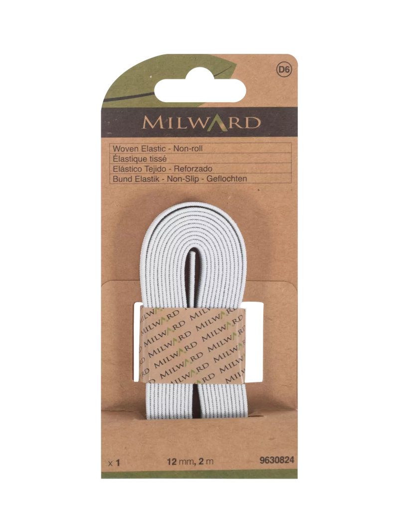 Milward woven non-roll elastic white 12mm x 2m, imported from the UK