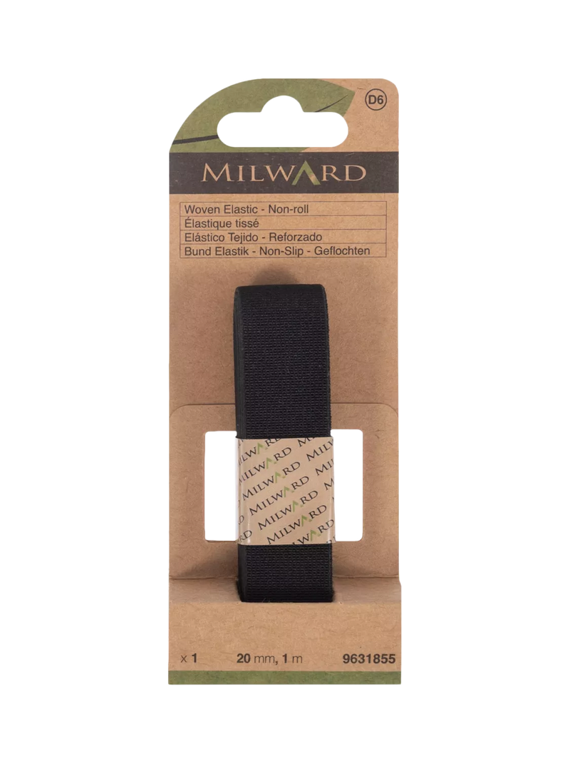 Milward woven non-roll elastic 20mm x 1m black, imported from the UK