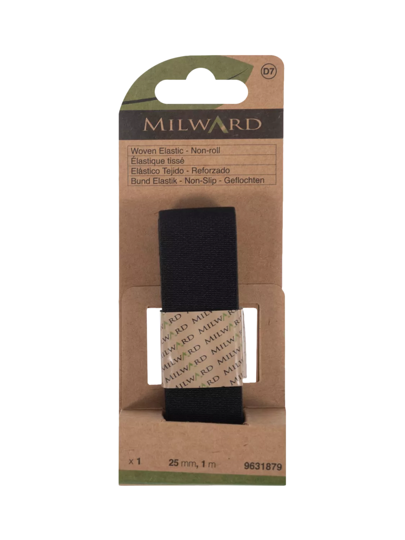 Milward woven non-roll elastic 25mm x 1m black, imported from the UK
