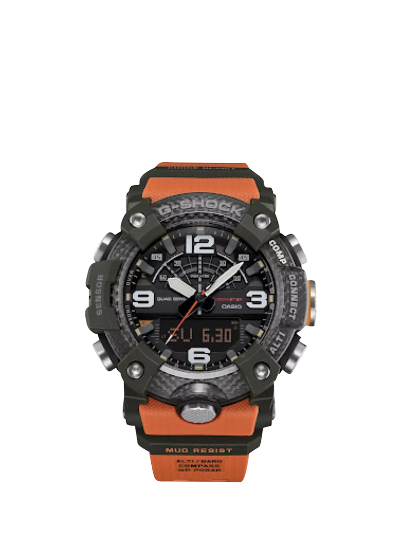 Casio G-Shock Mudmaster men's watch with orange strap, imported from the UK