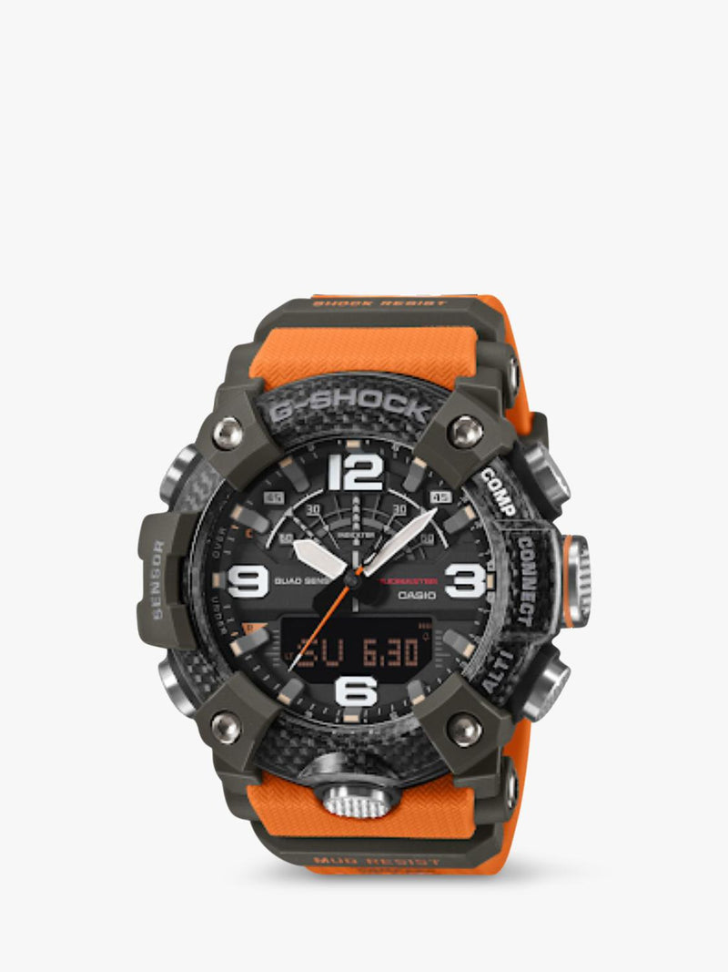 Casio G-Shock Mudmaster men's watch with orange strap, imported from the UK