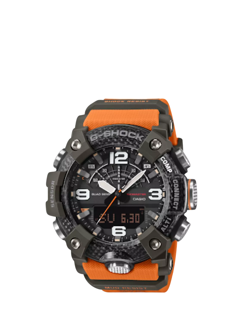 Casio G-Shock Mudmaster men's watch with orange strap, imported from the UK