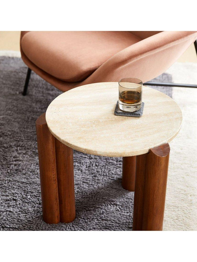 West Elm travertine side table Cool Walnut, imported from the UK