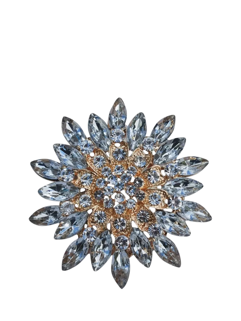 QueenMee embellished flower brooch gold blue, UK version