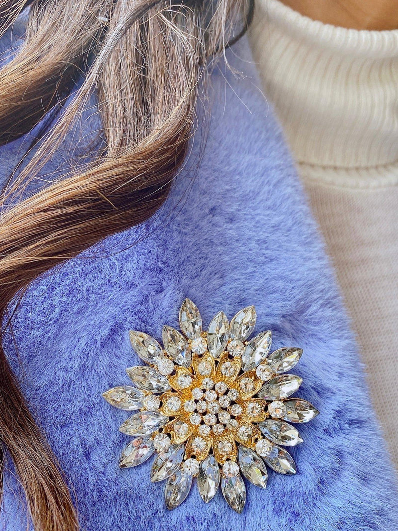 QueenMee embellished flower brooch gold blue, UK version