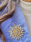 QueenMee embellished flower brooch gold blue, UK version
