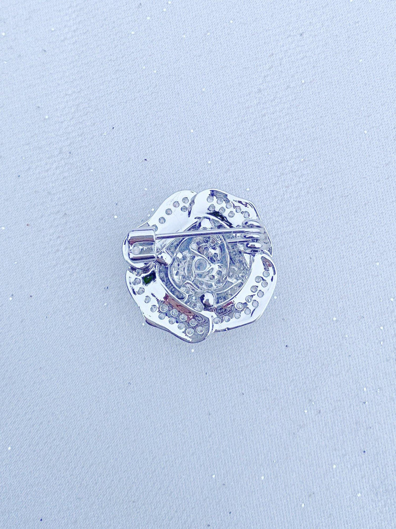 QueenMee silver rose brooch with diamante trim - British product
