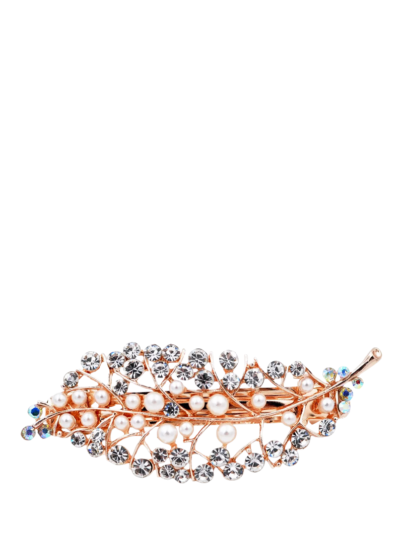 QueenMee leaf pearl diamante hair clip rose gold - British product