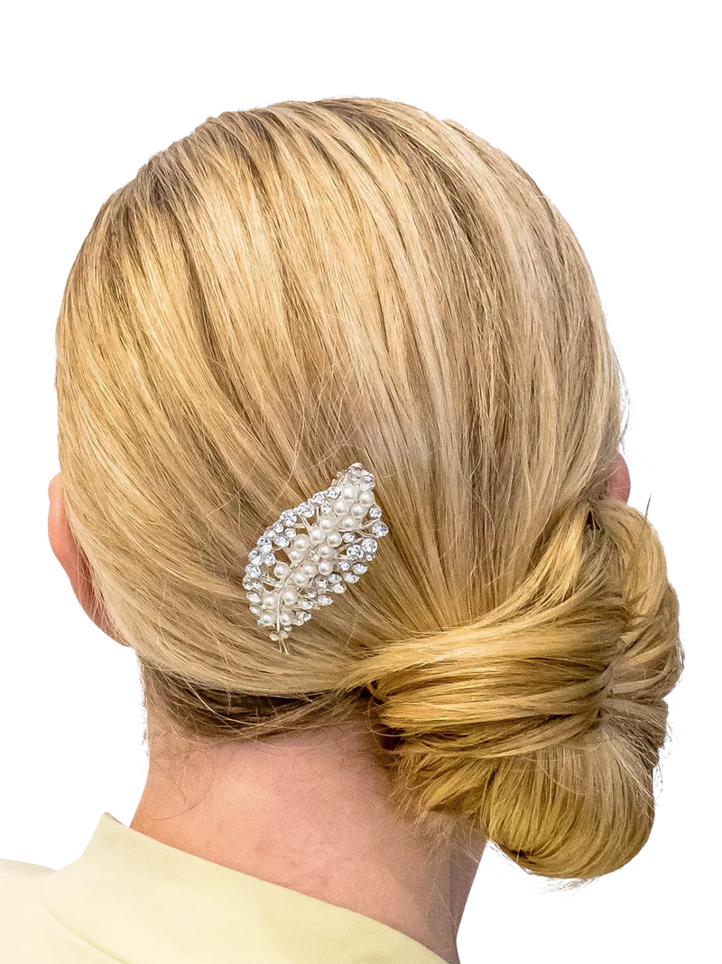 QueenMee leaf pearl and diamante hair clip in silver - British product