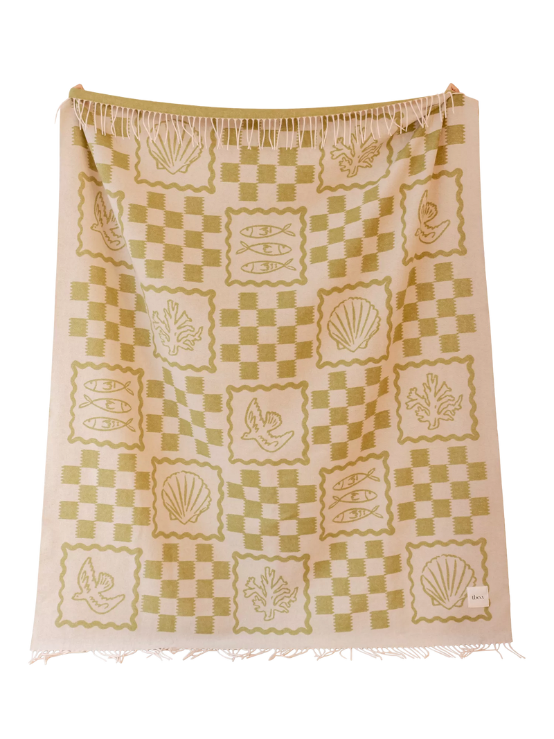 TBCo Stripe Harlequin lambswool blanket green motif 150x200cm (British brand)