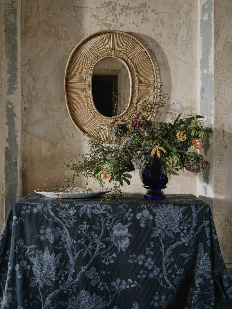 Liberty London porcelain flower furnishing fabric in ink (British brand)