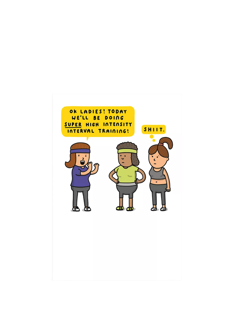 Woodmansterne greeting card with three women in gym gear, blank - British product