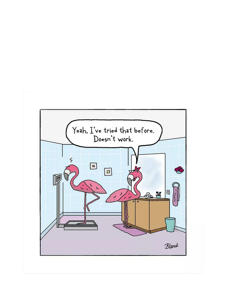 Woodmansterne Flamingo on Weighing Scales blank greeting card (British brand)