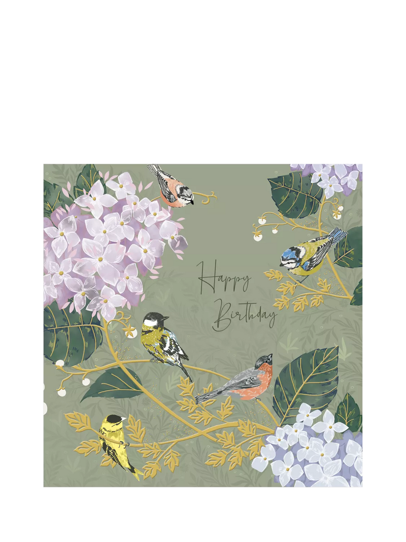 Woodmansterne Hydrangeas & Birds birthday card - British product