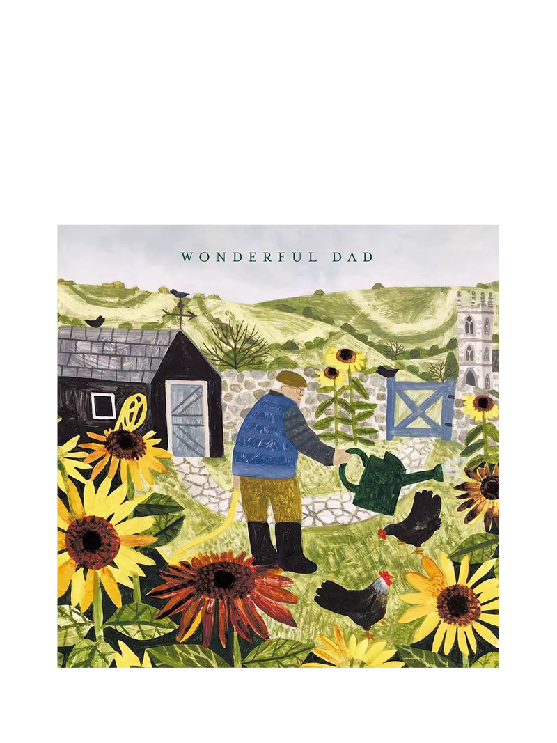 Woodmansterne Dad Birthday Card with man watering sunflowers (British brand)