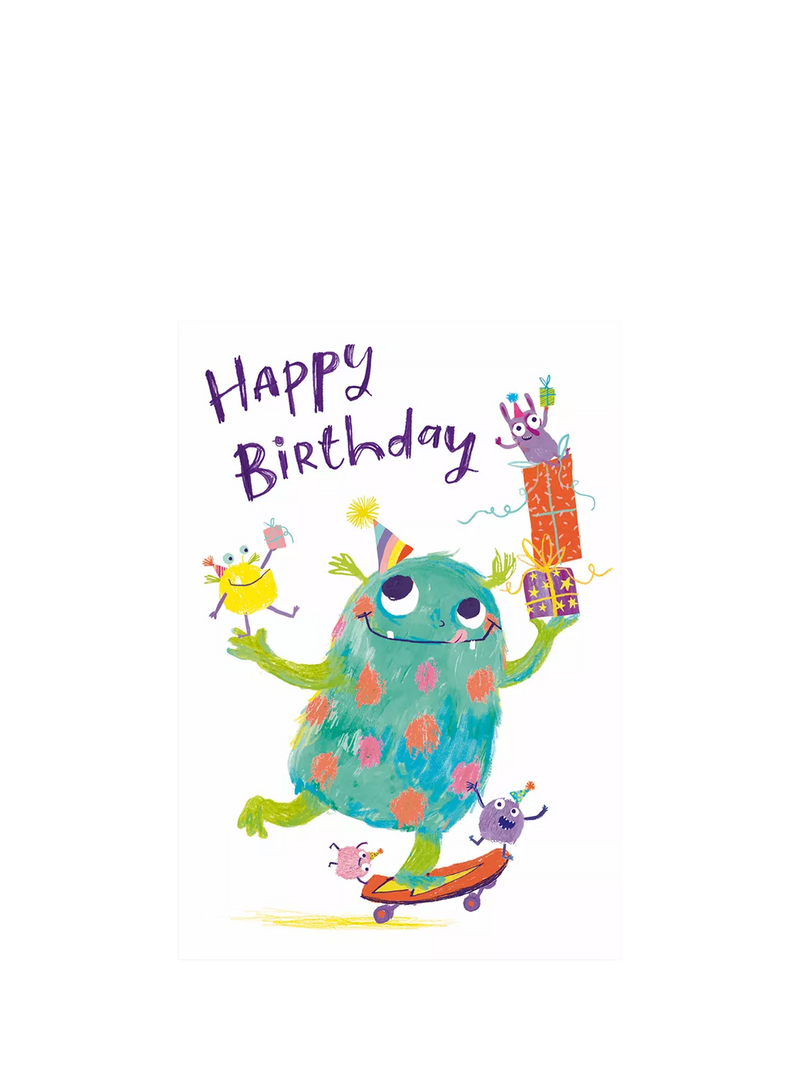 Woodmansterne monster skateboard birthday card, UK version
