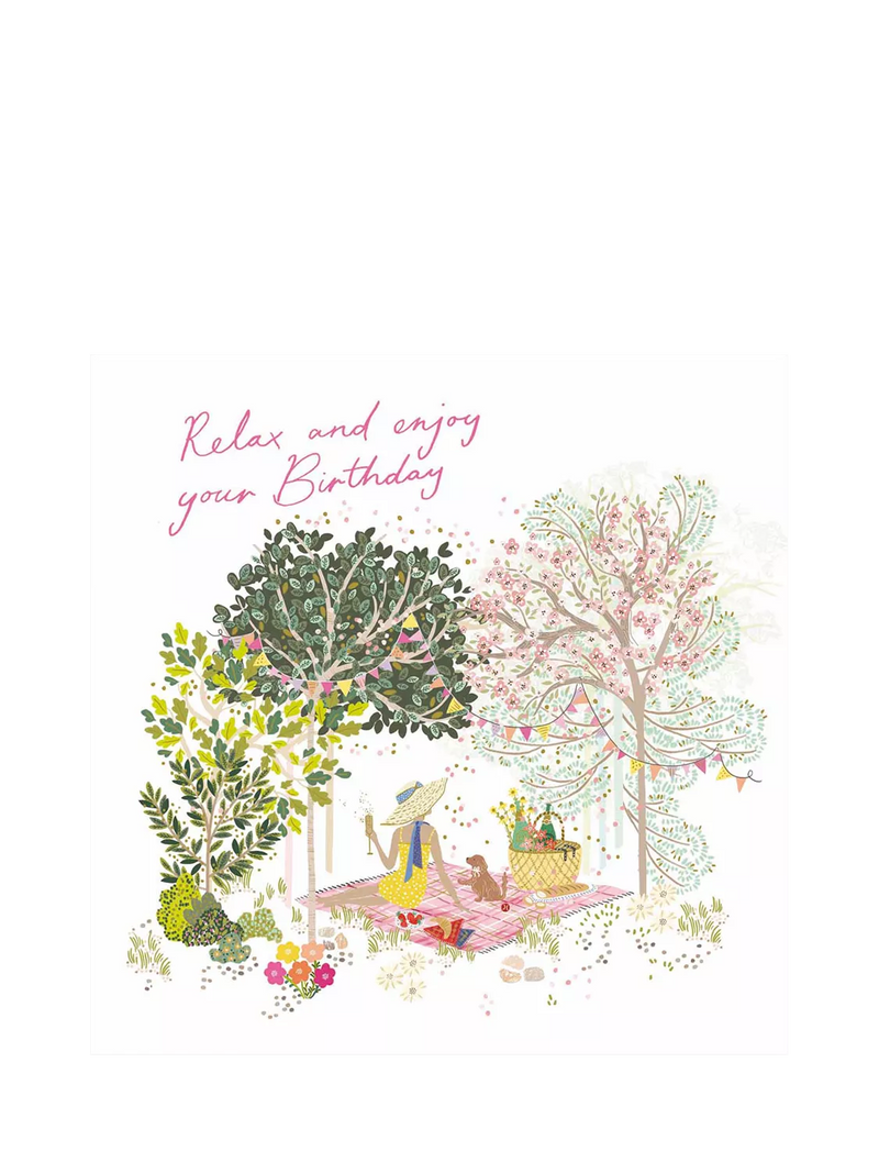 Woodmansterne birthday card woodland picnic scene pink envelope - British product