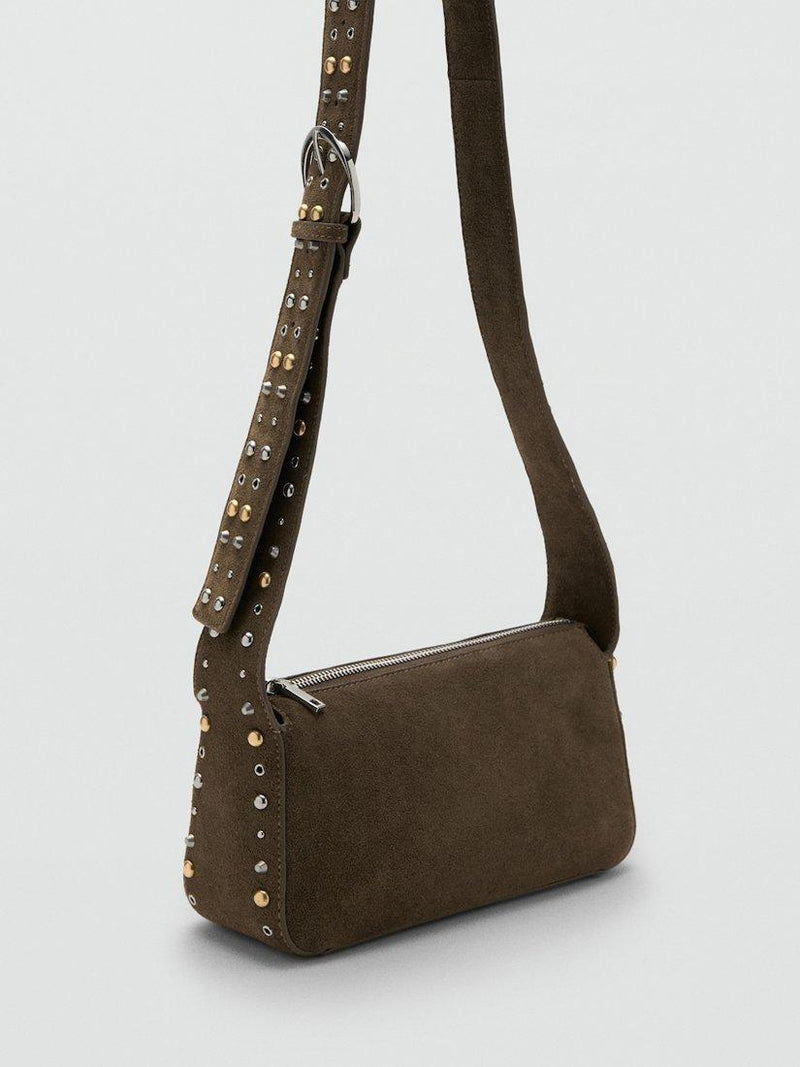 Mango Indira suede studded crossbody bag khaki, UK version