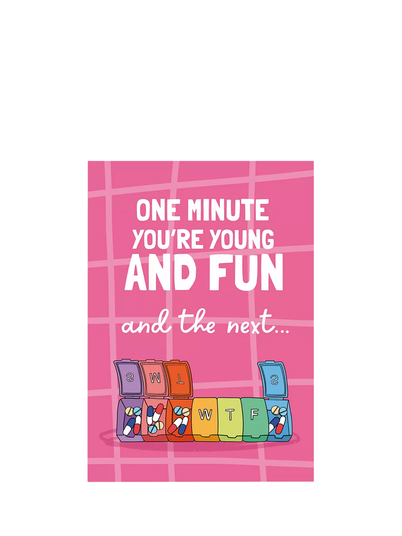Running With Scissors weekly pill sorter greeting card, UK version