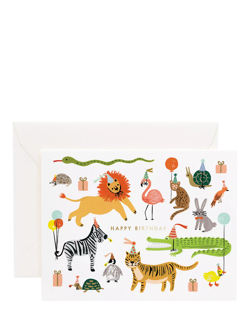Rifle Paper Co Party Animals birthday card with foil, imported from the UK