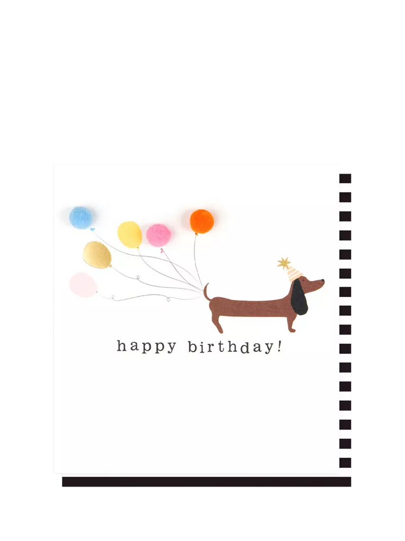 Caroline Gardner sausage dog pom poms birthday card, UK version