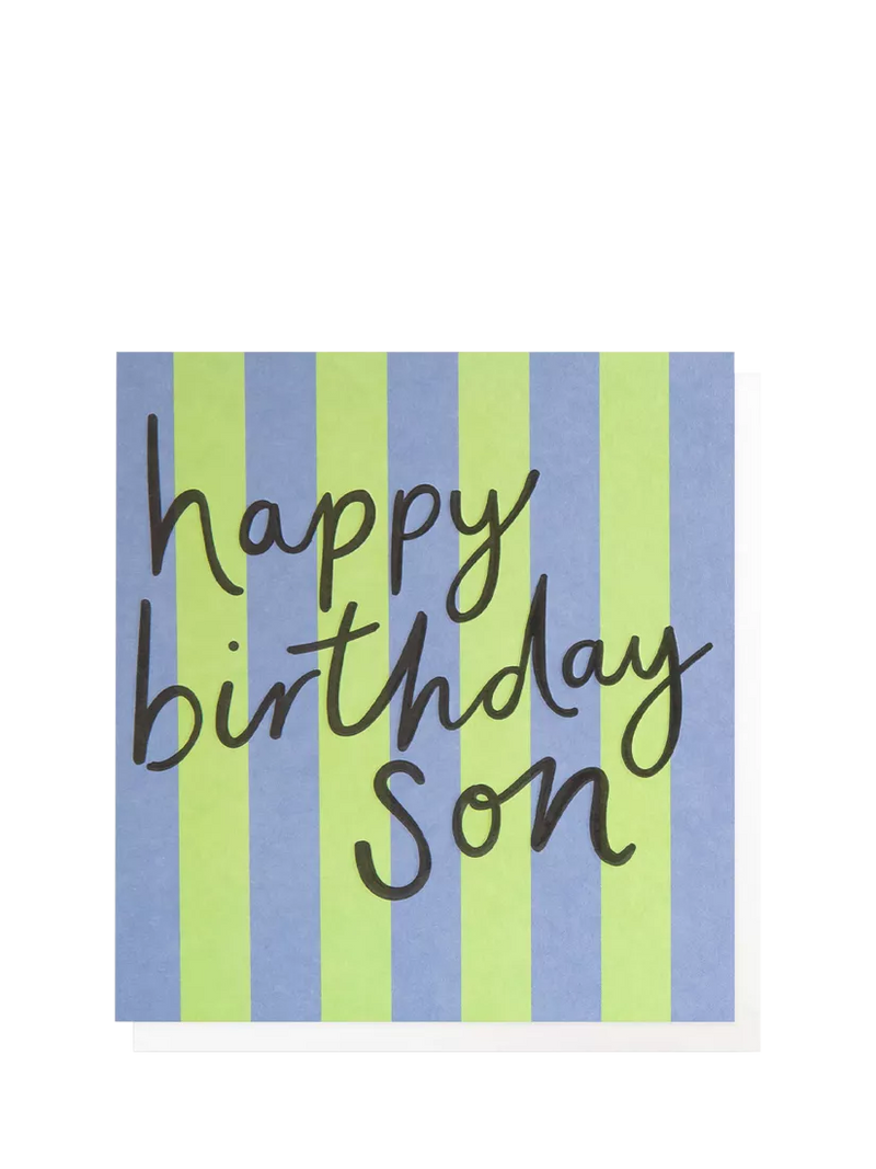 Caroline Gardner blue and green stripe son birthday card, imported from the UK