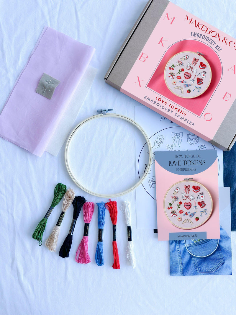 MakeBox & Co Love Tokens embroidery kit 8-inch, imported from the UK