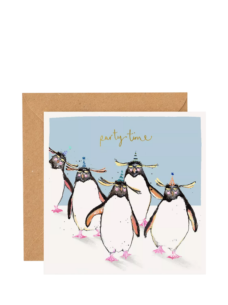 Louise Mulgrew Designs Party Time Penguins birthday card (British brand)