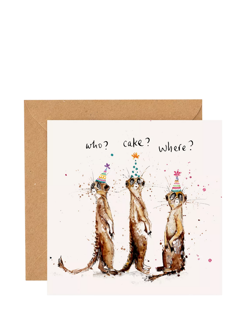 Louise Mulgrew Designs birthday card three meerkats, UK version