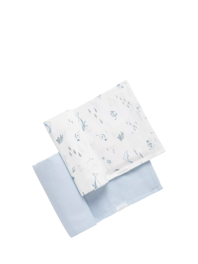 John Lewis Purebaby Baby Essentials Cotton Muslin Wrap Set Pack of 2 Pale Blue Nautical- Buy online at McGrocer