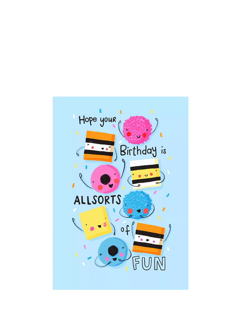 Nicola Watson Allsorts of Fun birthday card, blank inside (British brand)