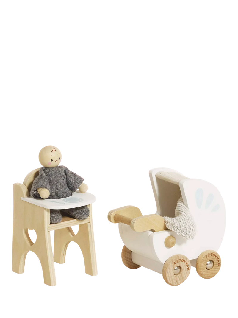 Le Toy Van wooden dollhouse nursery set with baby buggy and high chair (British brand)