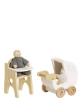 Le Toy Van wooden dollhouse nursery set with baby buggy and high chair (British brand)