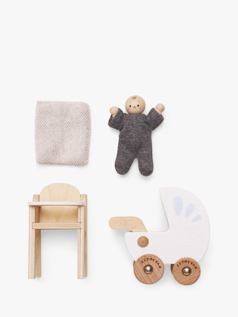 Le Toy Van wooden dollhouse nursery set with baby buggy and high chair (British brand)
