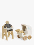 Le Toy Van wooden dollhouse nursery set with baby buggy and high chair (British brand)