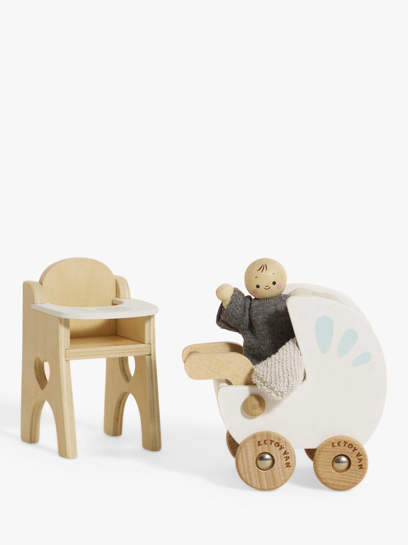 Le Toy Van wooden dollhouse nursery set with baby buggy and high chair (British brand)