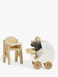Le Toy Van wooden dollhouse nursery set with baby buggy and high chair (British brand)