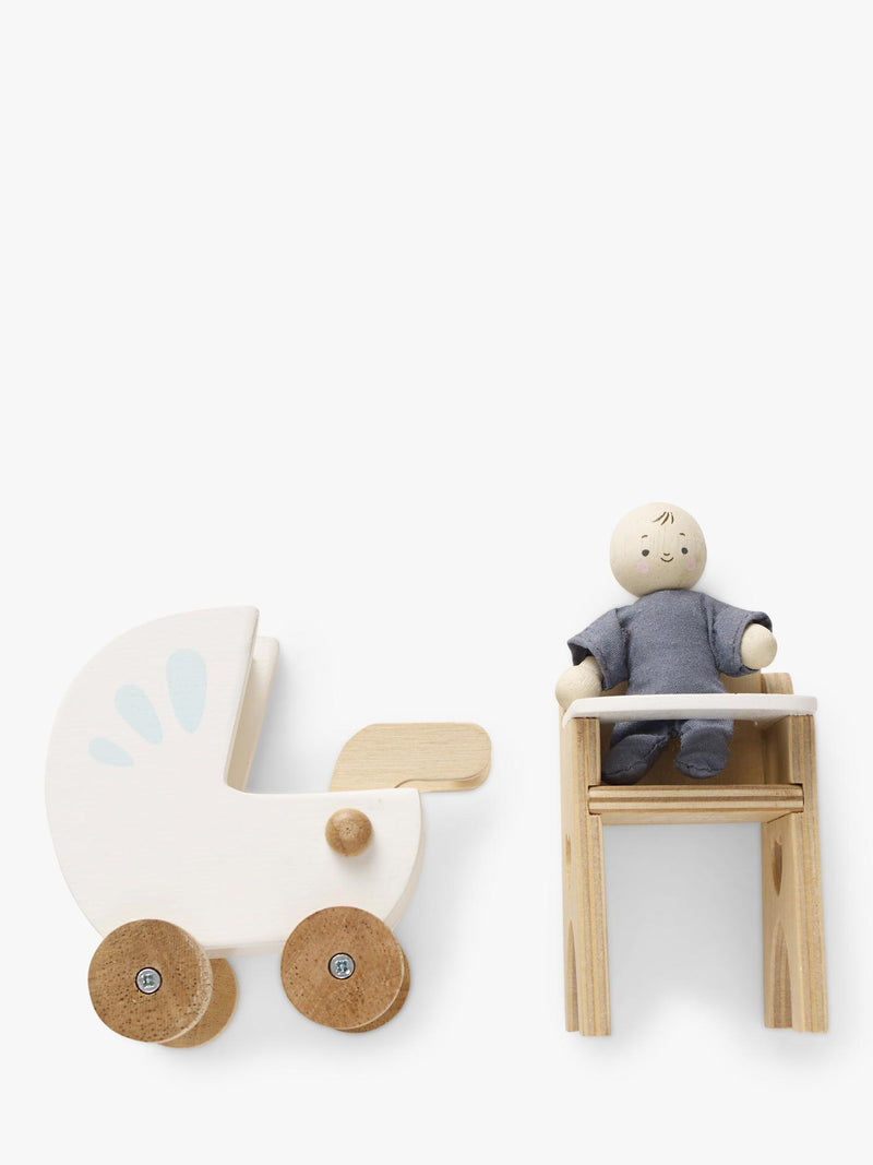 Le Toy Van wooden dollhouse nursery set with baby buggy and high chair (British brand)