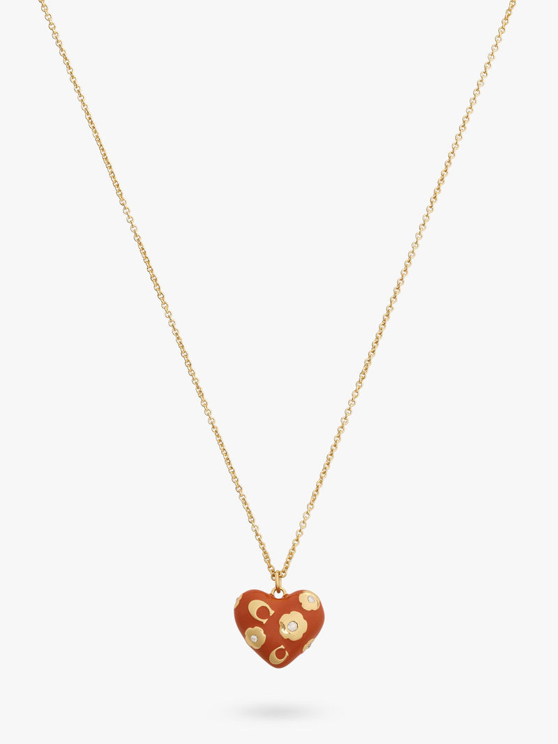 Coach gold toned floral heart necklace brown pendant - British product