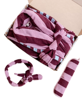 John Lewis TBCo Relaxtion Gift Set Burgundy Stripe Terry Cotton Bath Robe, Hair Tie and Face Cloths- Buy online at McGrocer