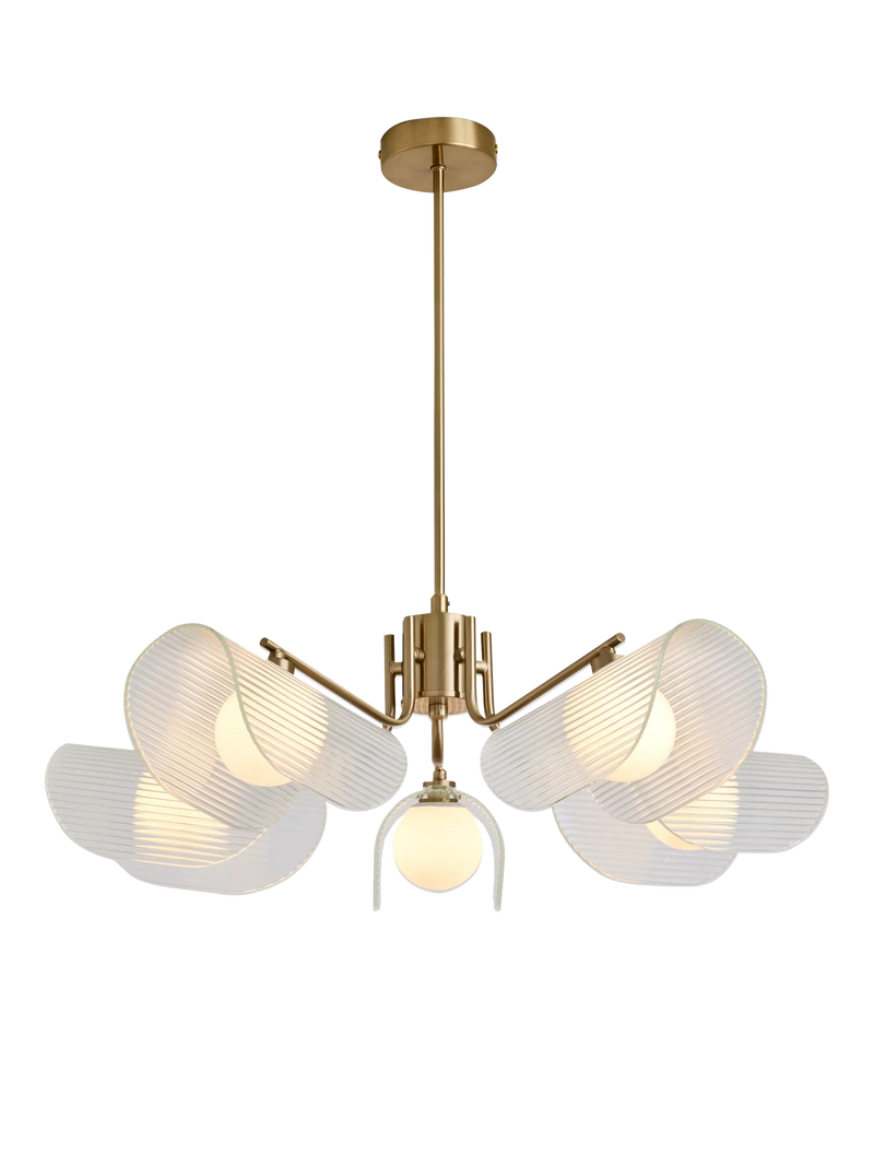 MADE brass chandelier with five fan-shaped glass shades - British product