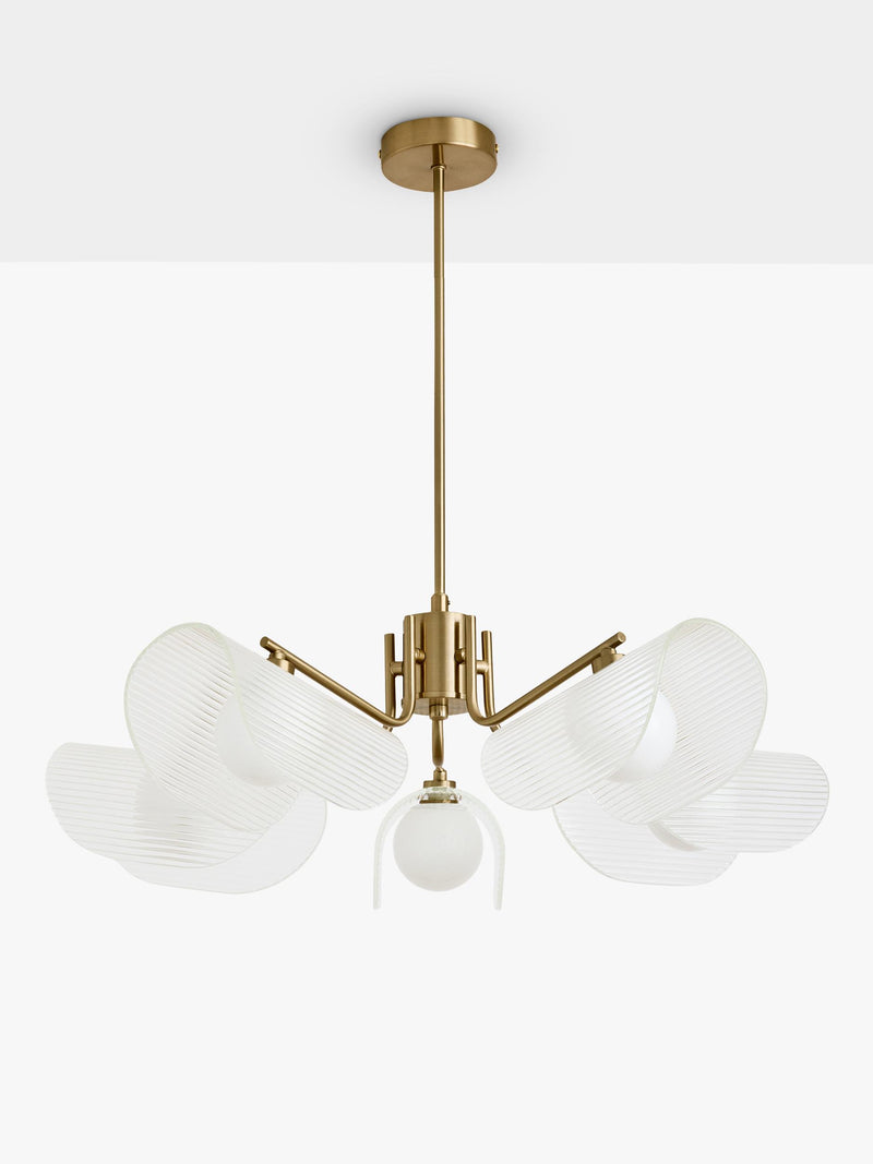 MADE brass chandelier with five fan-shaped glass shades - British product