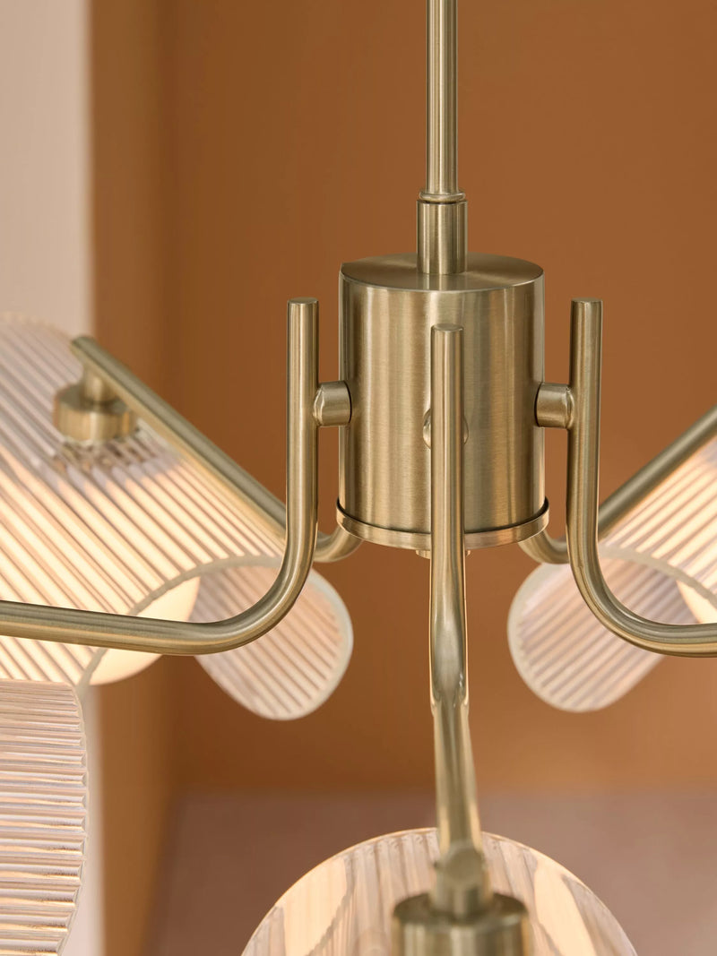 MADE brass chandelier with five fan-shaped glass shades - British product
