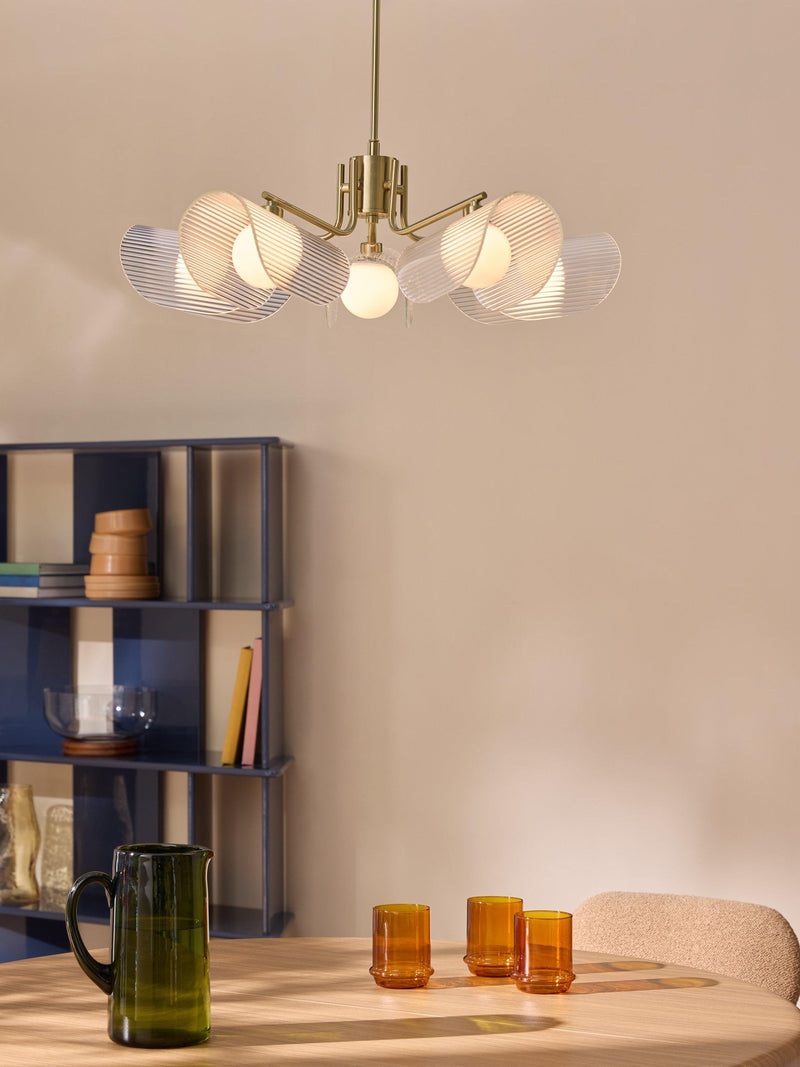 MADE brass chandelier with five fan-shaped glass shades - British product