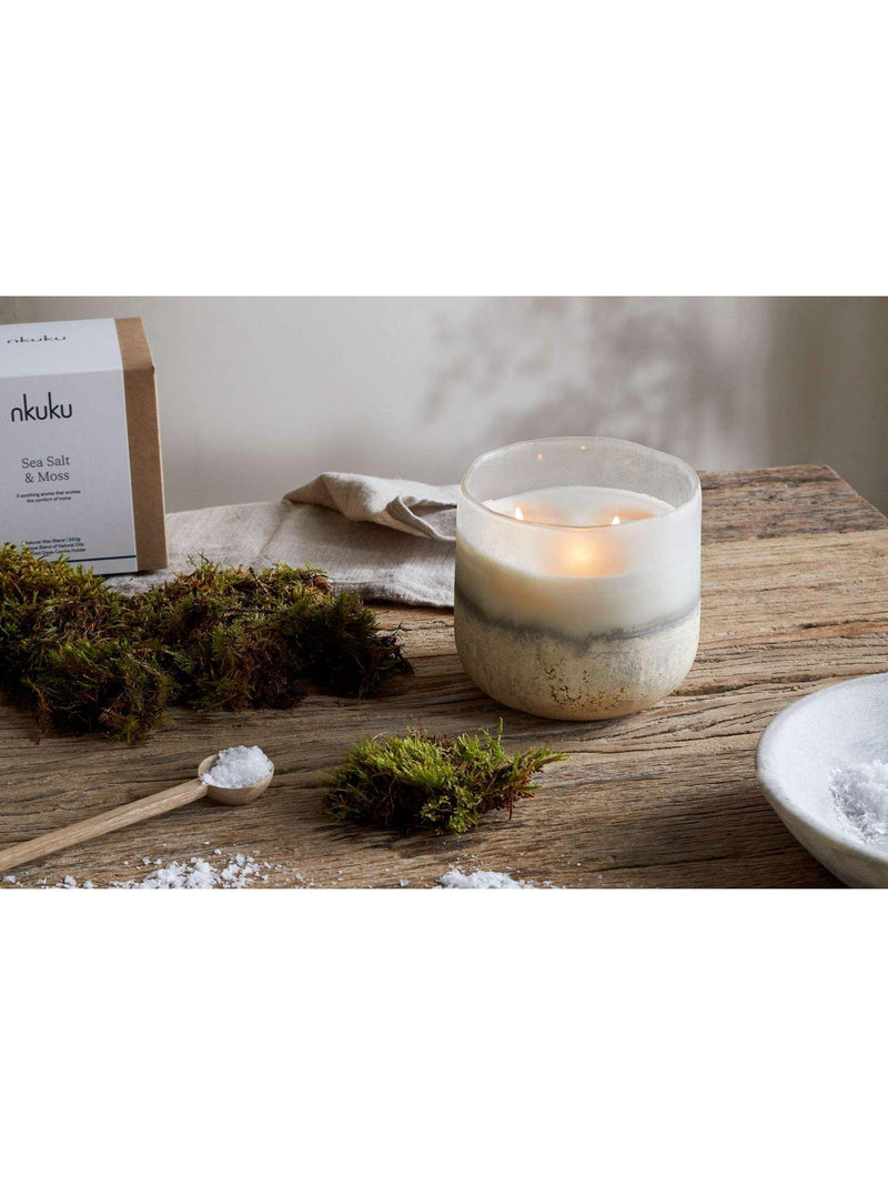 nkuku scented candle sea salt and moss 3 wick, UK version