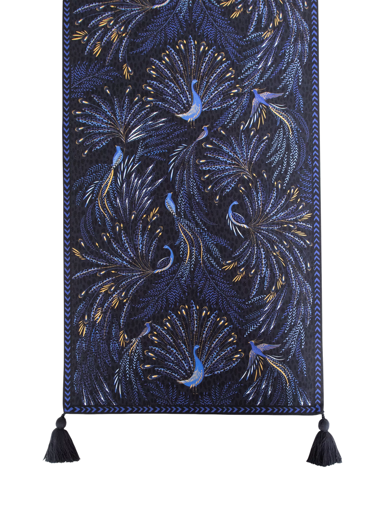 Sara Miller Peacock Parade cotton table runner 260cm dark blue, imported from the UK
