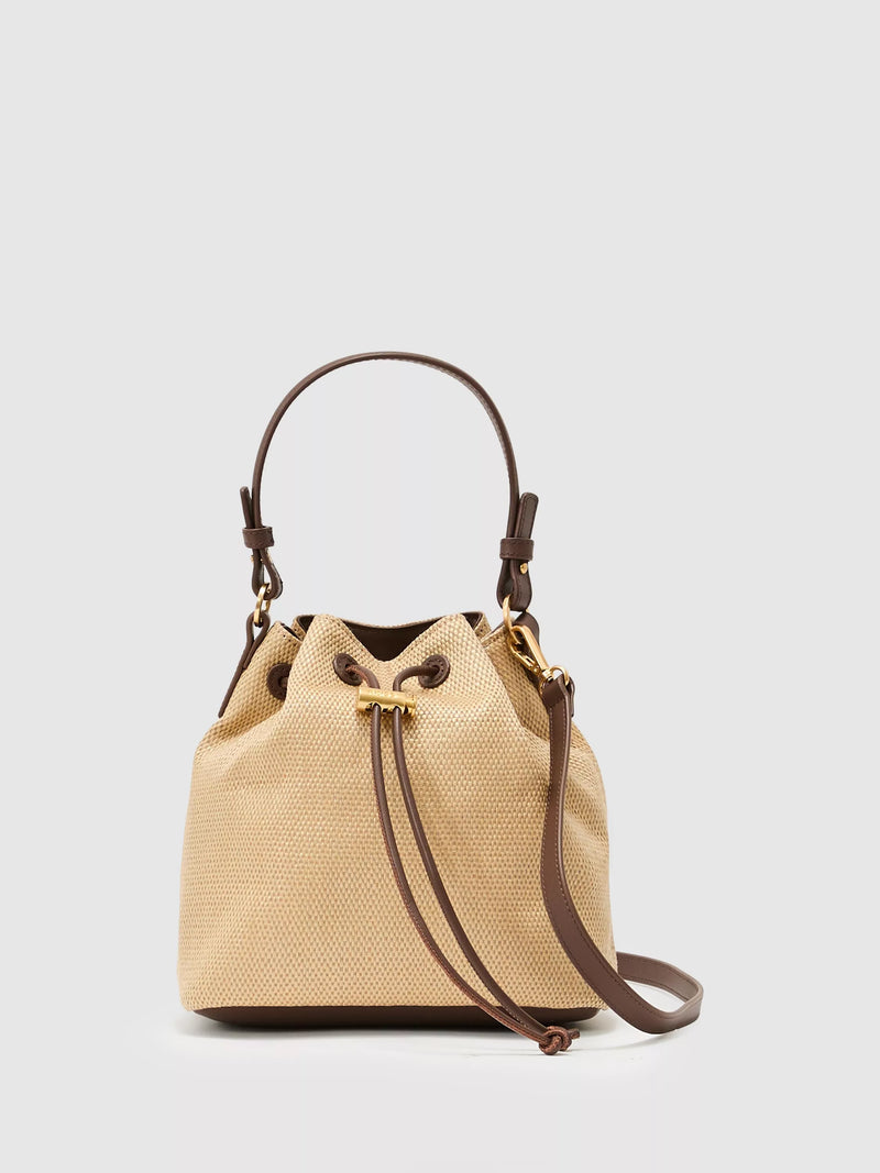Reiss Evie natural bucket bag woven raffia-effect leather trim, imported from the UK