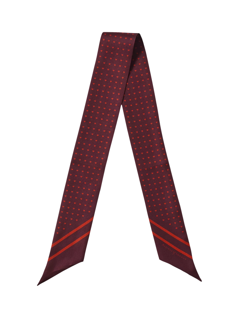 Aspinal of London skinny hearts silk scarf in cherry, UK version